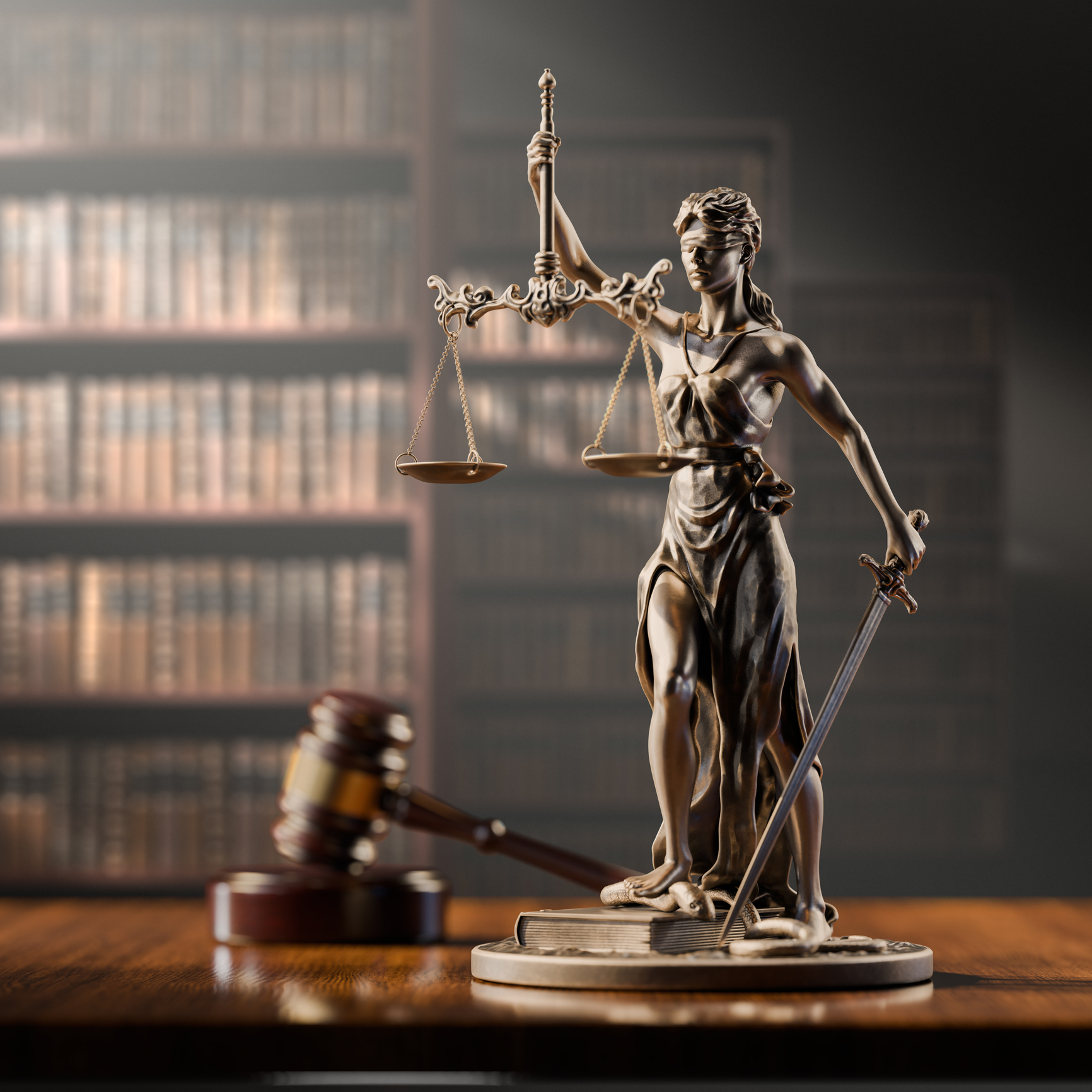 Bronze Lady Justice in law library